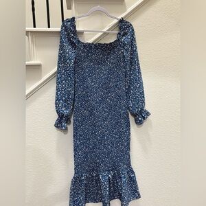 PrettyGarden Blue Floral Smocked Bodycon Midi Dress